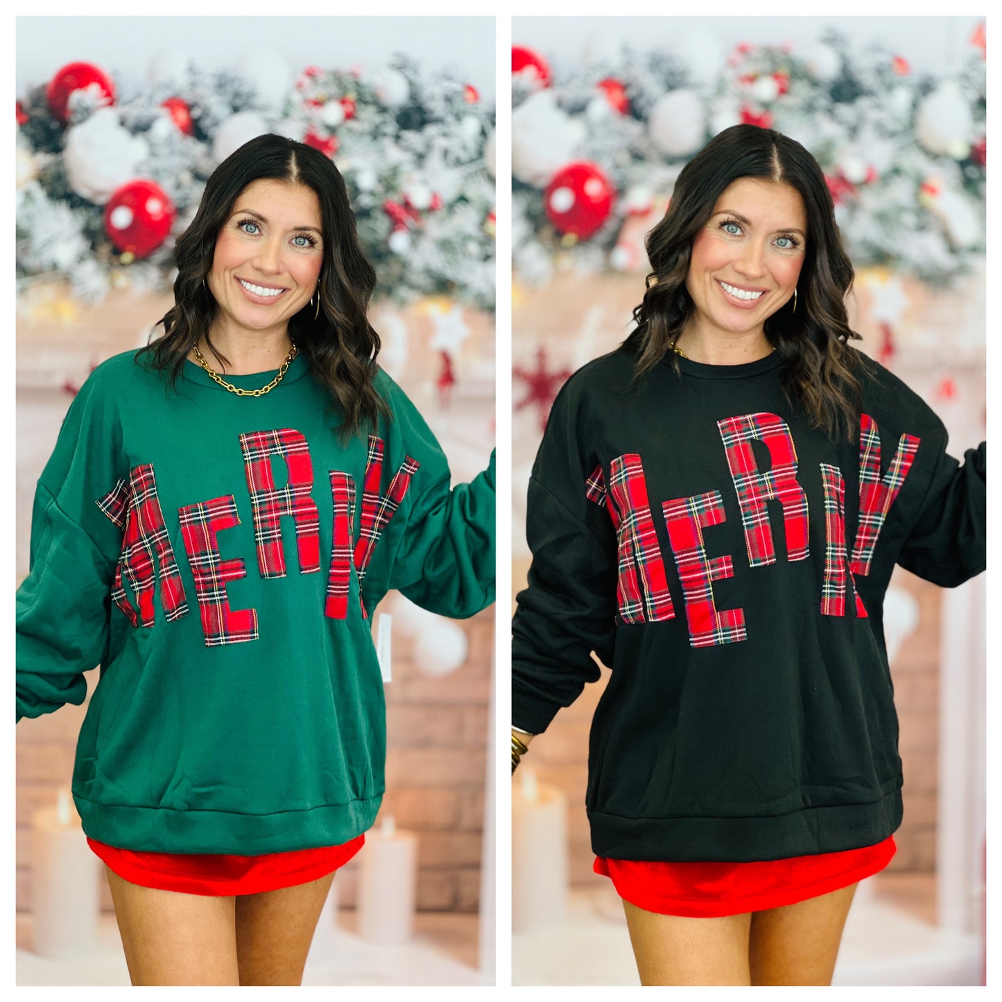 Plaid Merry Graphic Sweatshirt (Reg.)-2 Colors