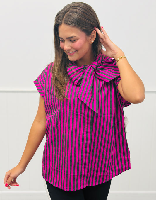 Plum Stripe Tie Bow Neck Blouse (Reg.)