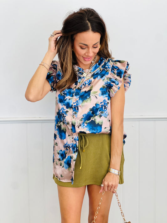 Taupe/Blue Floral Print Ruffle Sleeve Blouse (Reg. and Plus)