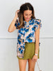Taupe/Blue Floral Print Ruffle Sleeve Blouse (Reg. and Plus)