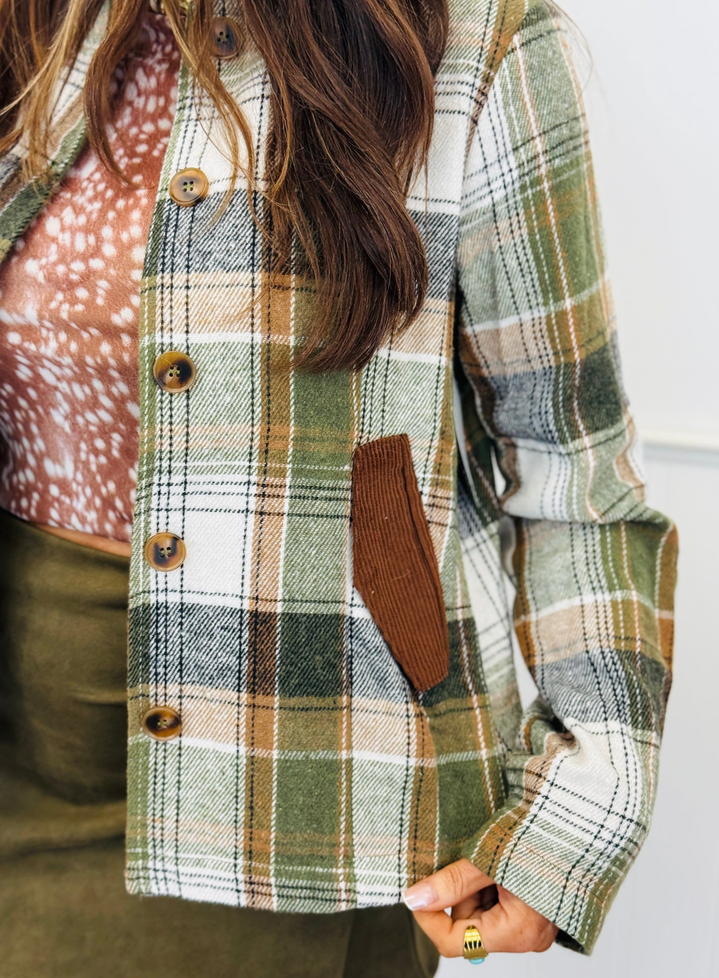 Olive/Brown Plaid Barn Jacket (Reg & Plus)