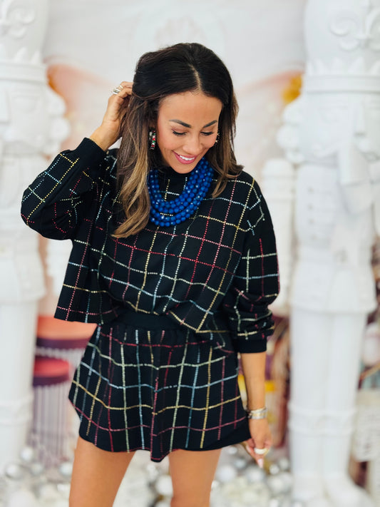 Black Rhinestone Checks Sweatshirt & Skort Set (Reg.)