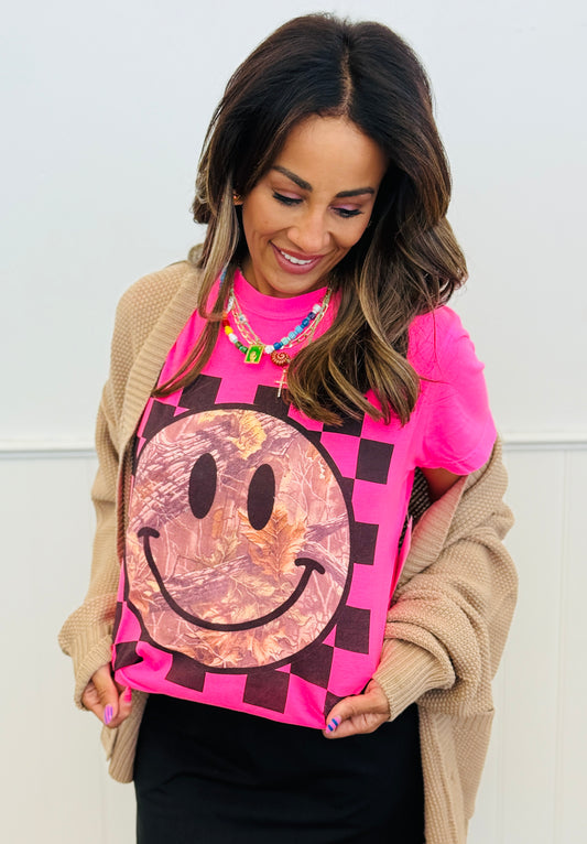 Neon Pink Camo Happy Face Graphic Tee (Reg. and Plus)