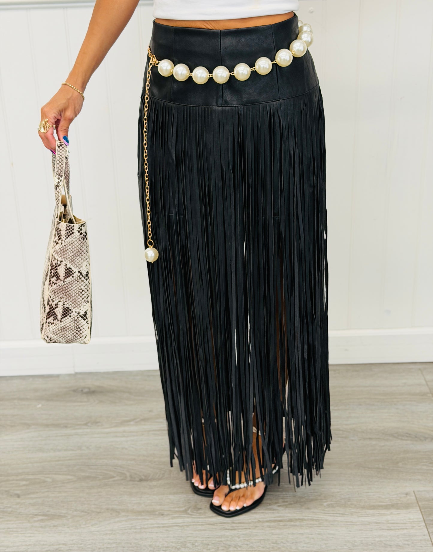 Black Fringe Detailed Faux Leather Skirt (Reg.)