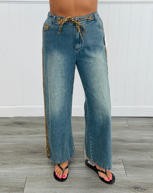 Washed Denim Leopard Side Stripe Pants (Reg.)