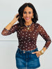 Brown Polka Dot Mesh Long Sleeve Blouse (Reg & Plus)