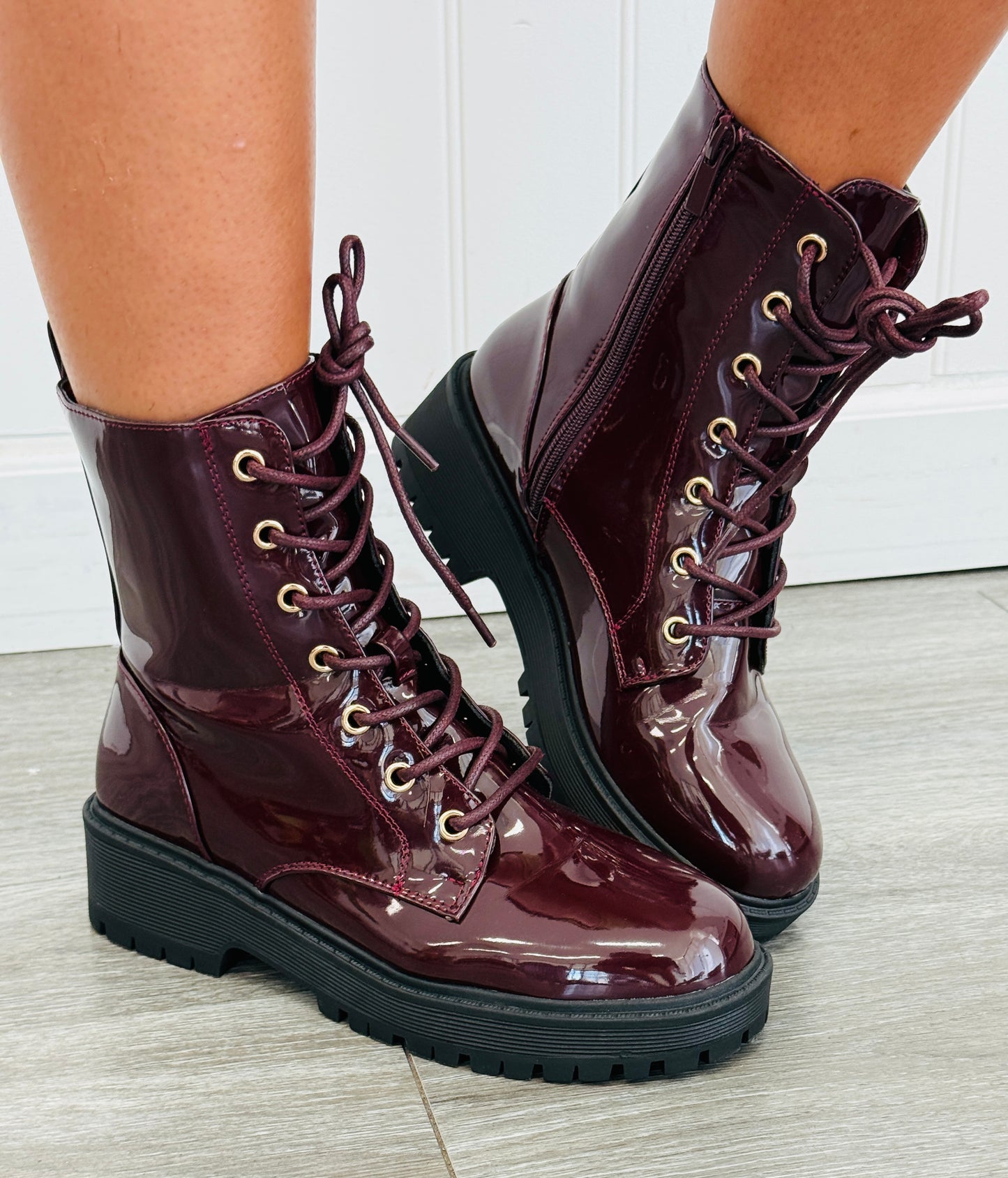 Wine Stepping Out Combat Boots