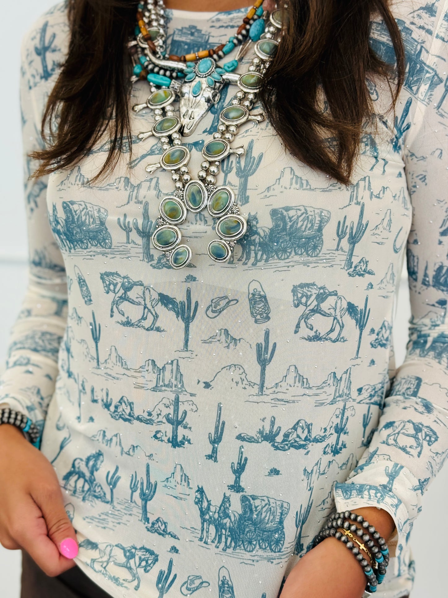 Blue Old West Rhinestone Mesh Top (Reg. and Plus)