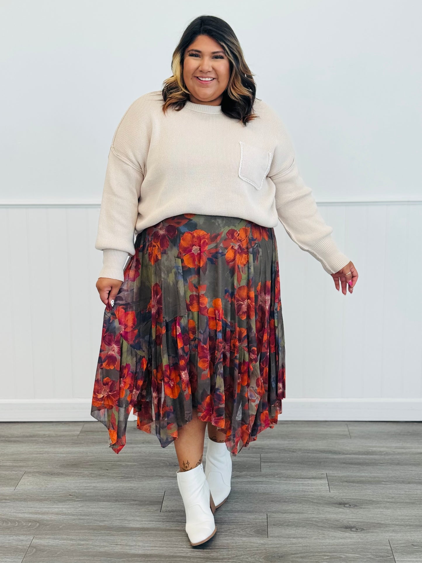 Floral Print Ballerina Midi Skirt (Reg.)-2 Colors