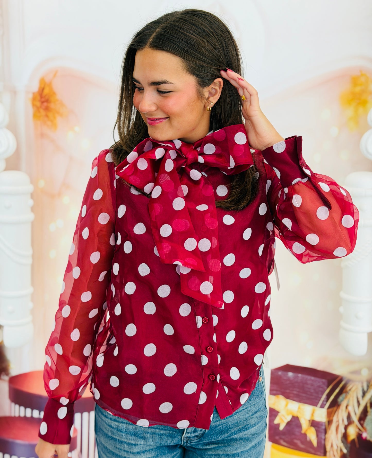 Burgundy Polka Dot Bliss Organza Blouse (Reg)