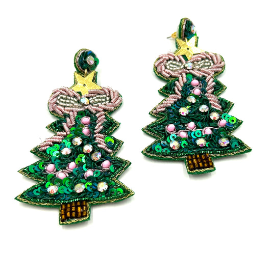 Green Sequin Christmas Tree Earrings