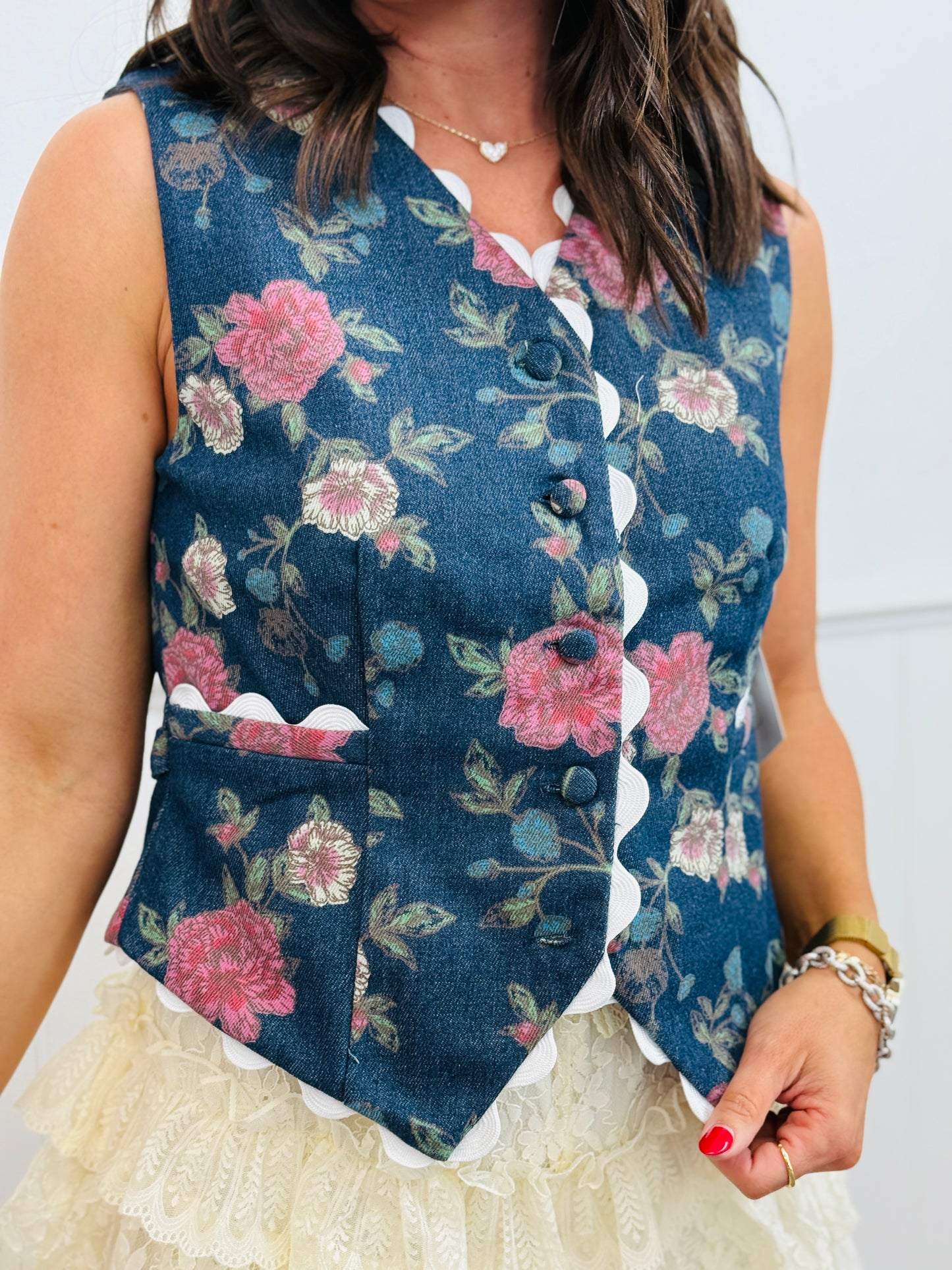 Floral Denim RicRac Trim Vest Top (Reg & Plus)
