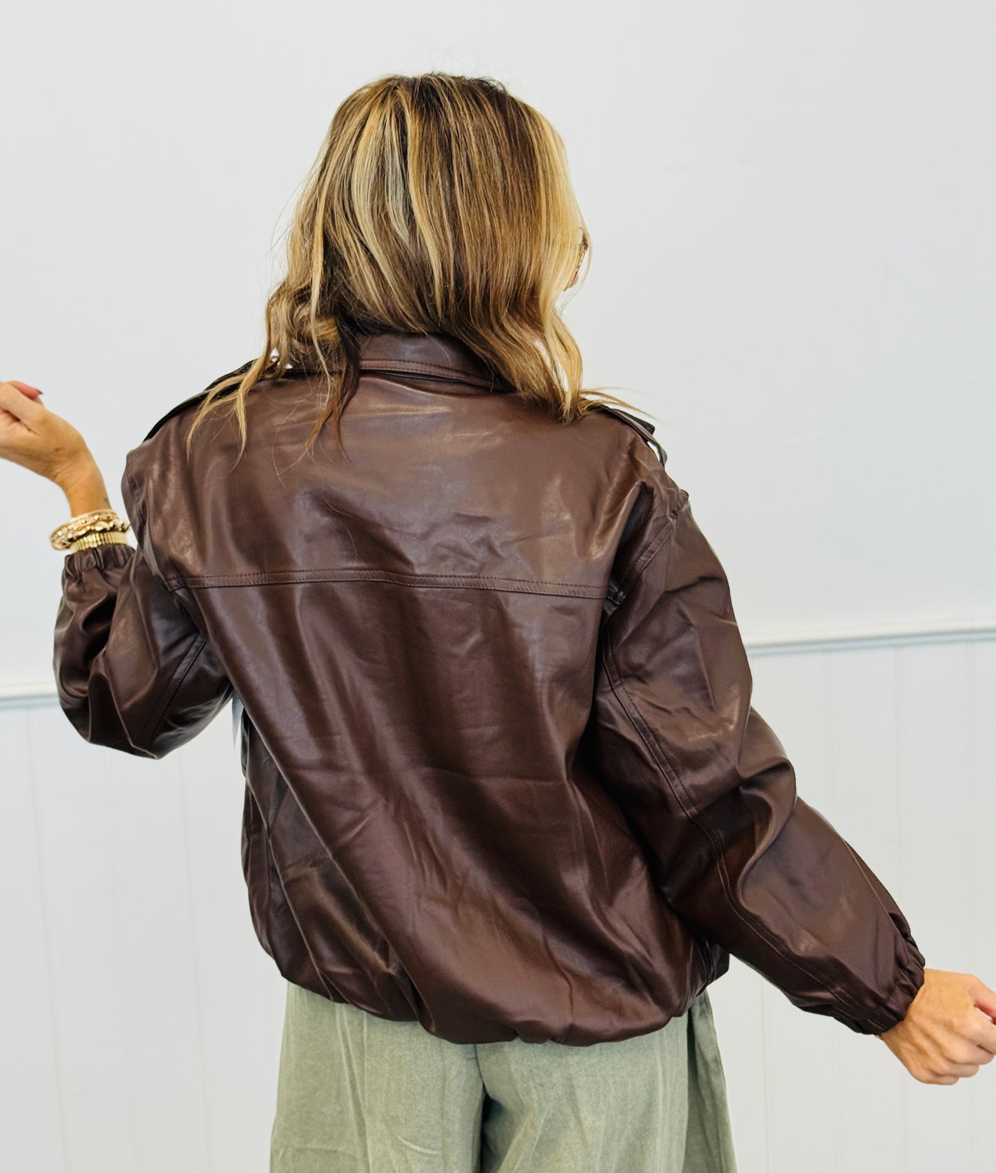 Brown Faux Leather Zip Up Bomber Jacket (Reg.)