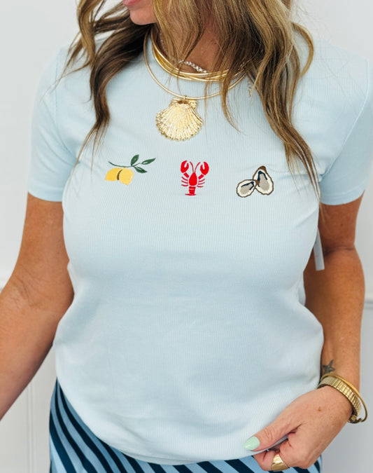 Lt. Blue Embroidered Ribbed Top (Reg.)