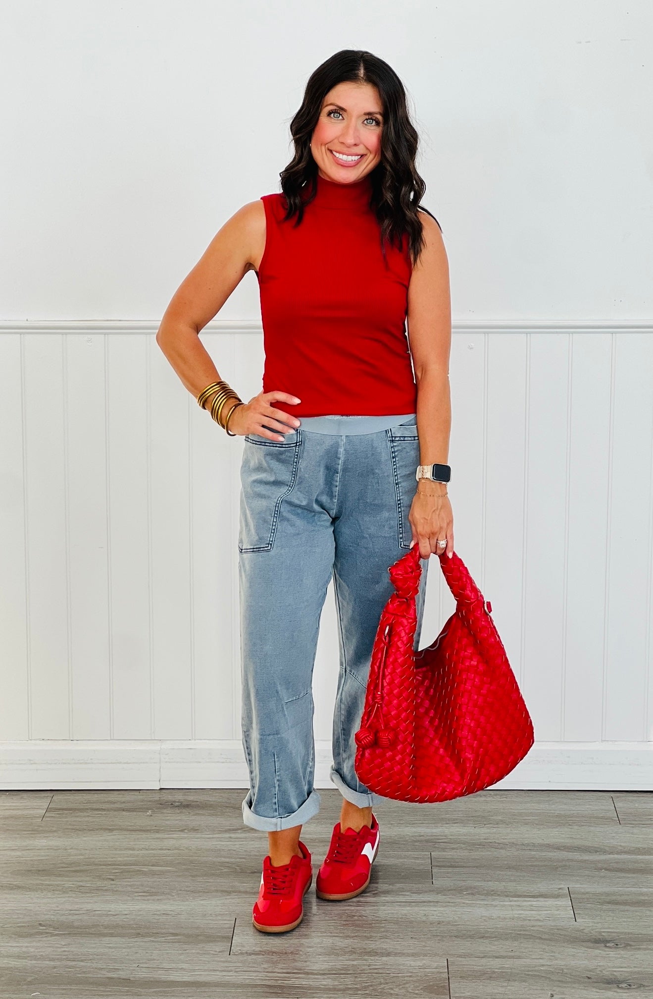 Red Sleeveless Ribbed Turtleneck Top (Reg. and Plus)