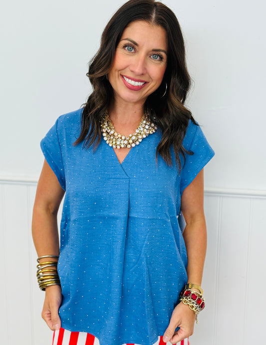 Denim Blue Rhinestone V-Neck Cap Sleeve Blouse (Reg. & Plus)