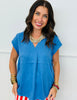 Denim Blue Rhinestone V-Neck Cap Sleeve Blouse (Reg. & Plus)