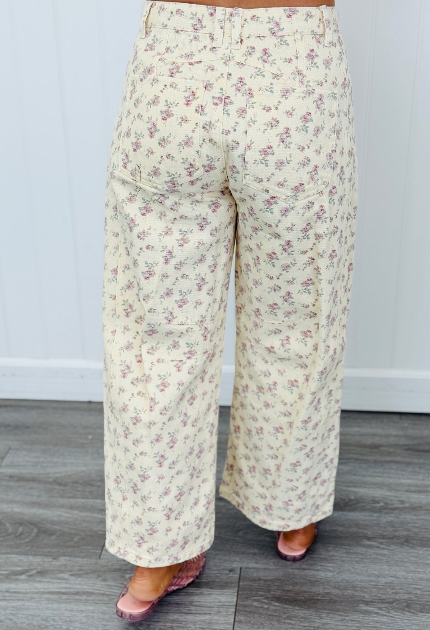 Cream Ditzy Maroon Barrel Pants (Reg. and Plus)