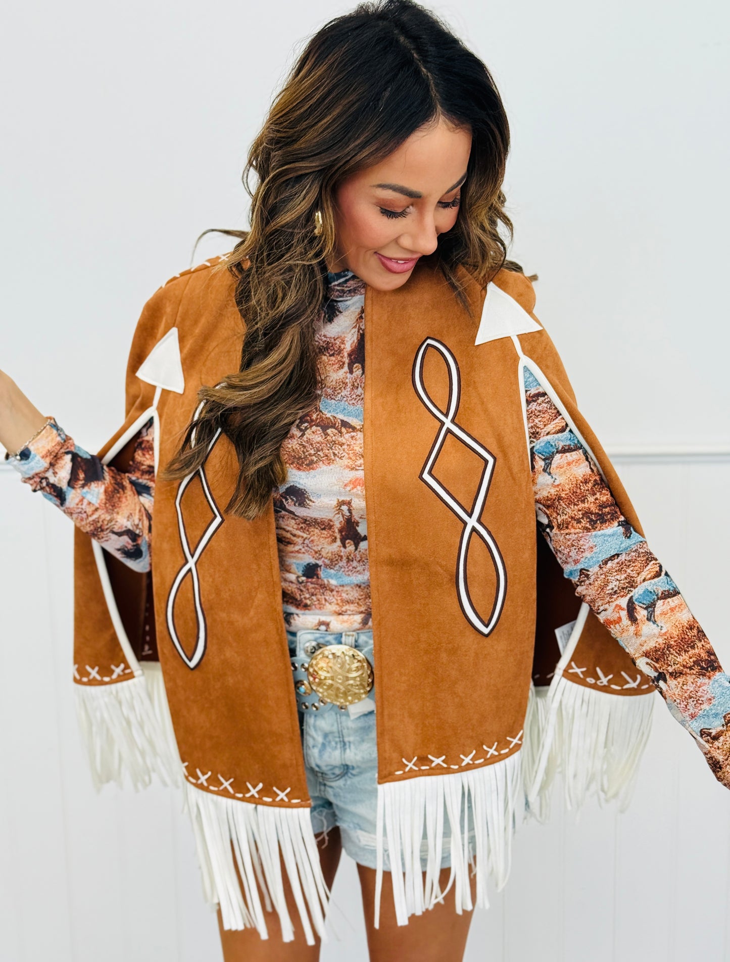 Camel Fringe Detail Open Cape Jacket (Reg.)