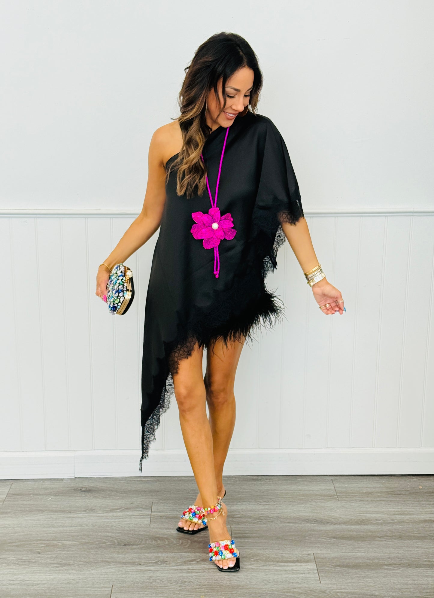 Black Asymmetrical Lace Hem Blouse (Reg.)