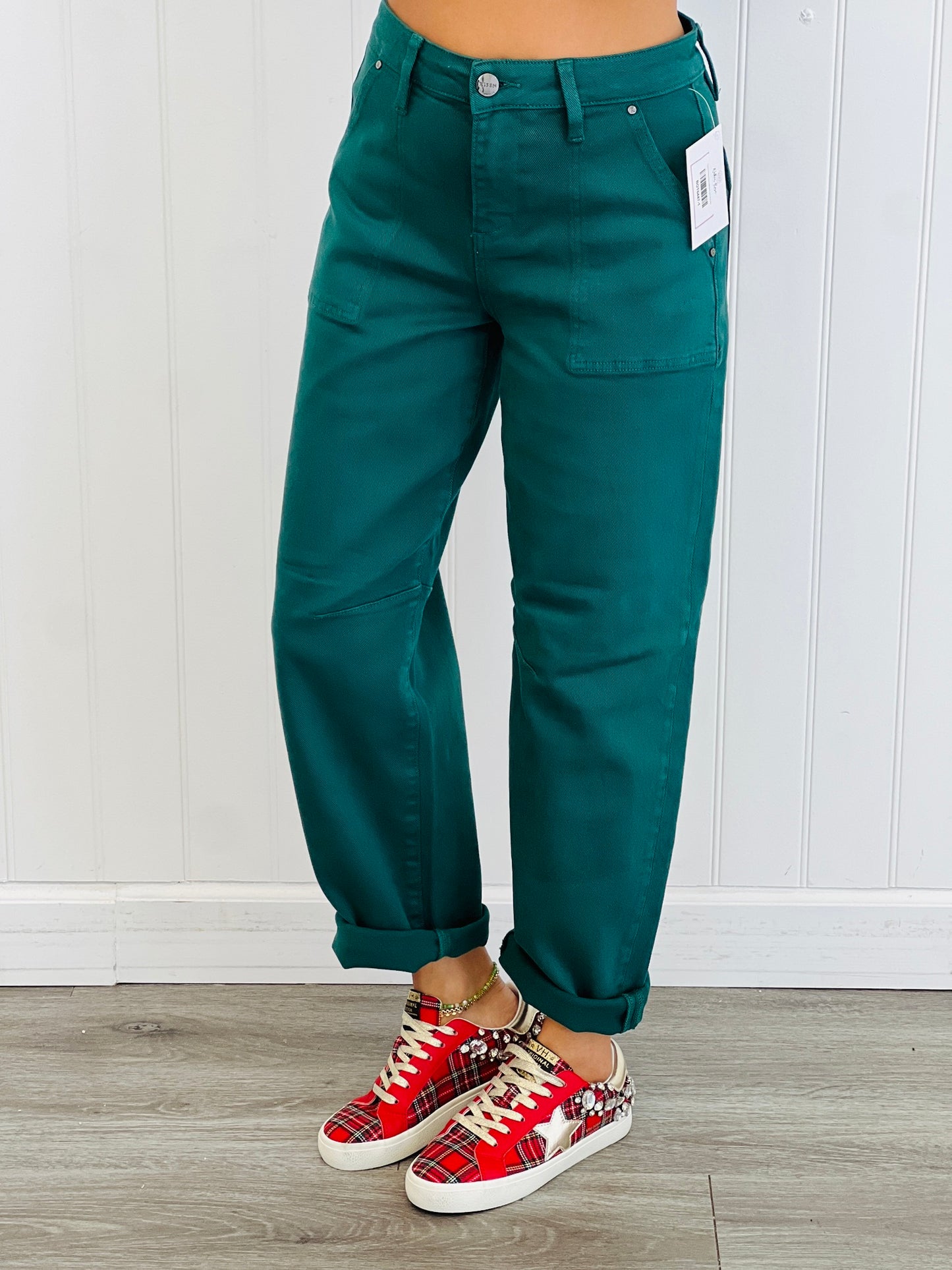 Risen On The Hunt-er Green Cuffed Barrel Jeans (Reg & Plus)