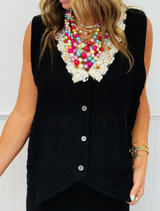 POL Black Contrast Crochet Vest Top (One Size)