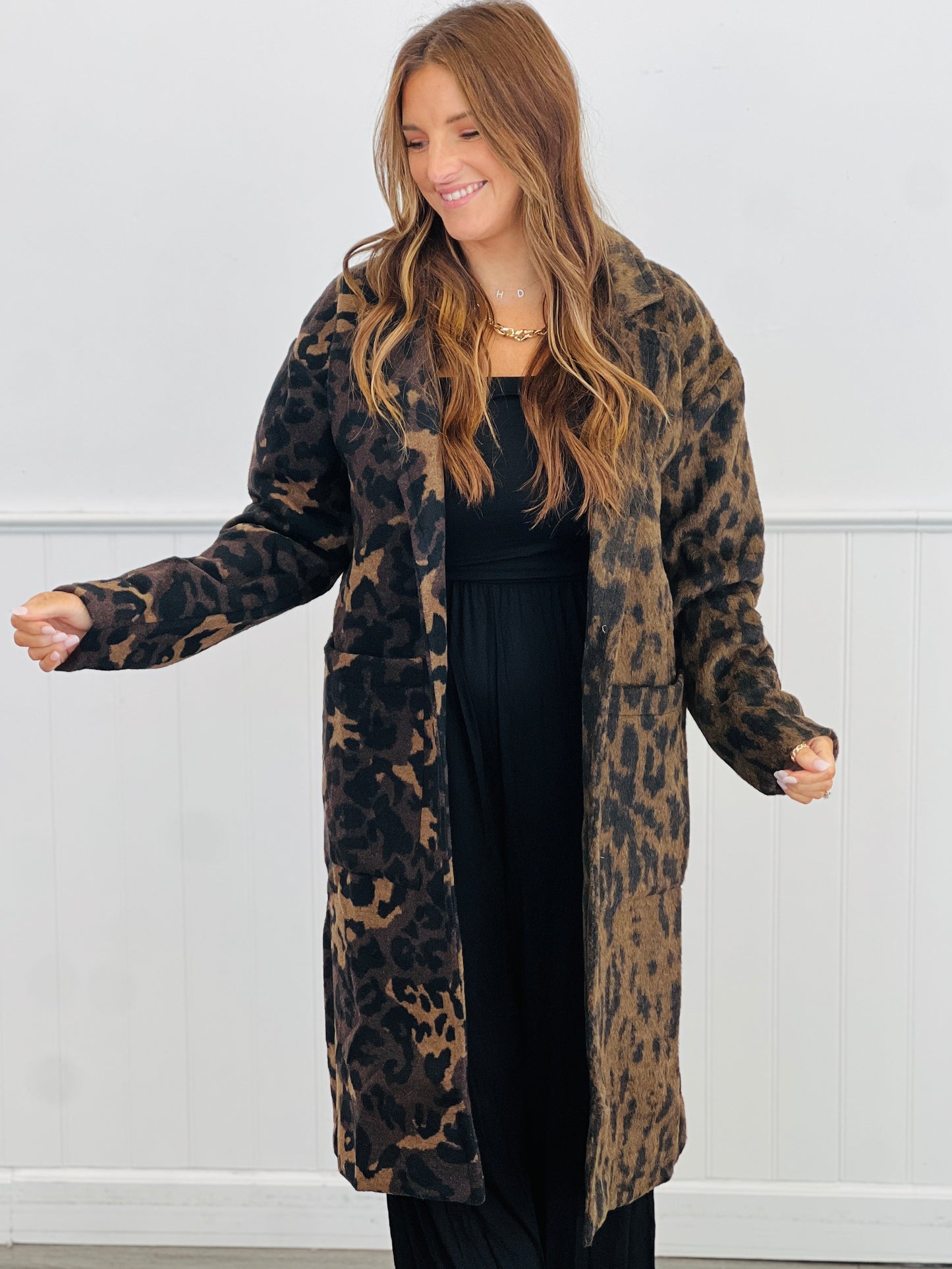 Tan Brown Leopard Print Midi Coat (Reg & Plus)