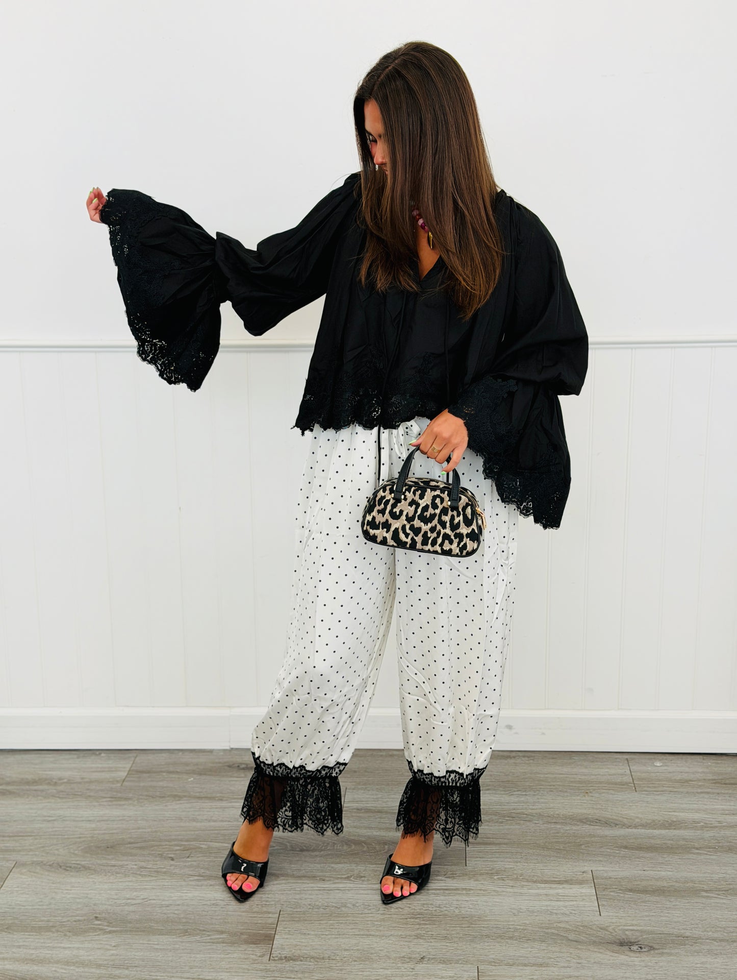 White/Black Polka Dot Lace Trim Pants (Reg. and Plus)