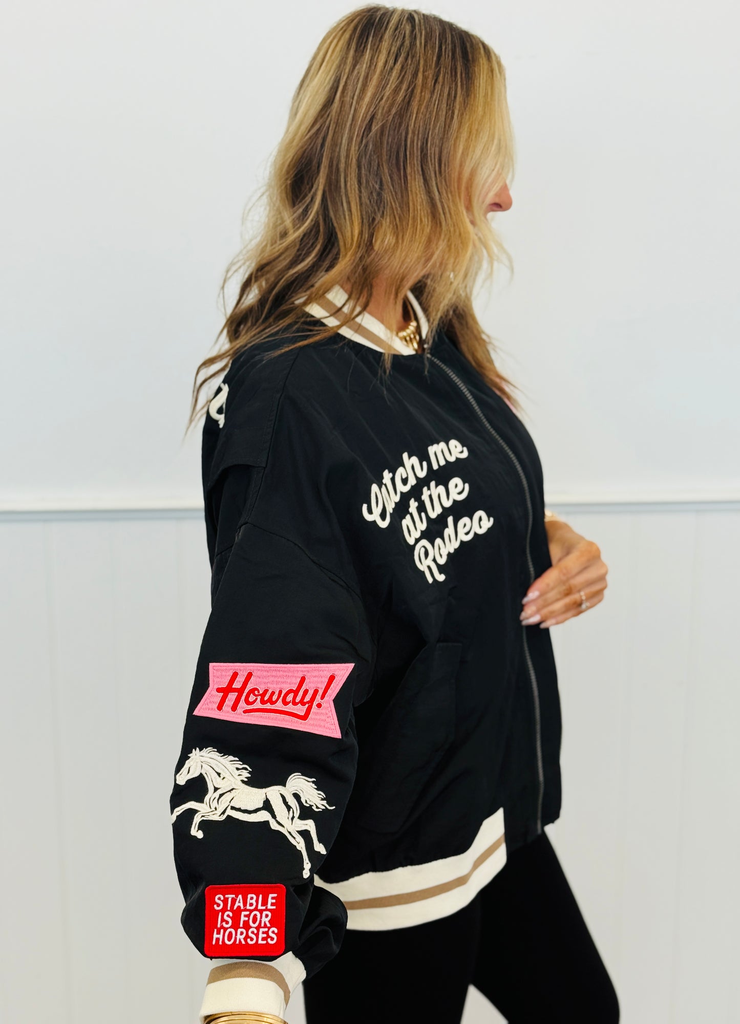 Black Catch Me At The Rodeo Bomber Jacket (Reg. and Plus)