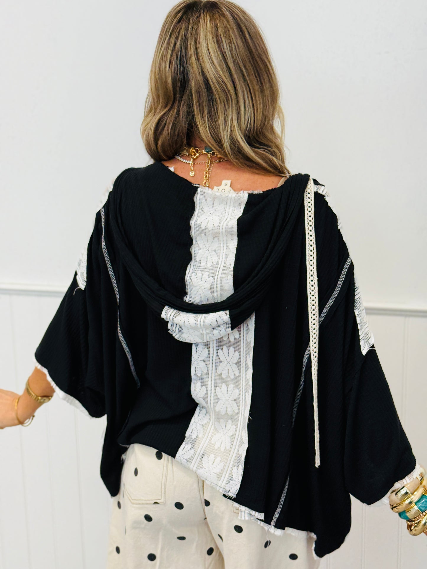 POL Black Ribbed Knit & Lace Hoodie Top (Reg.)