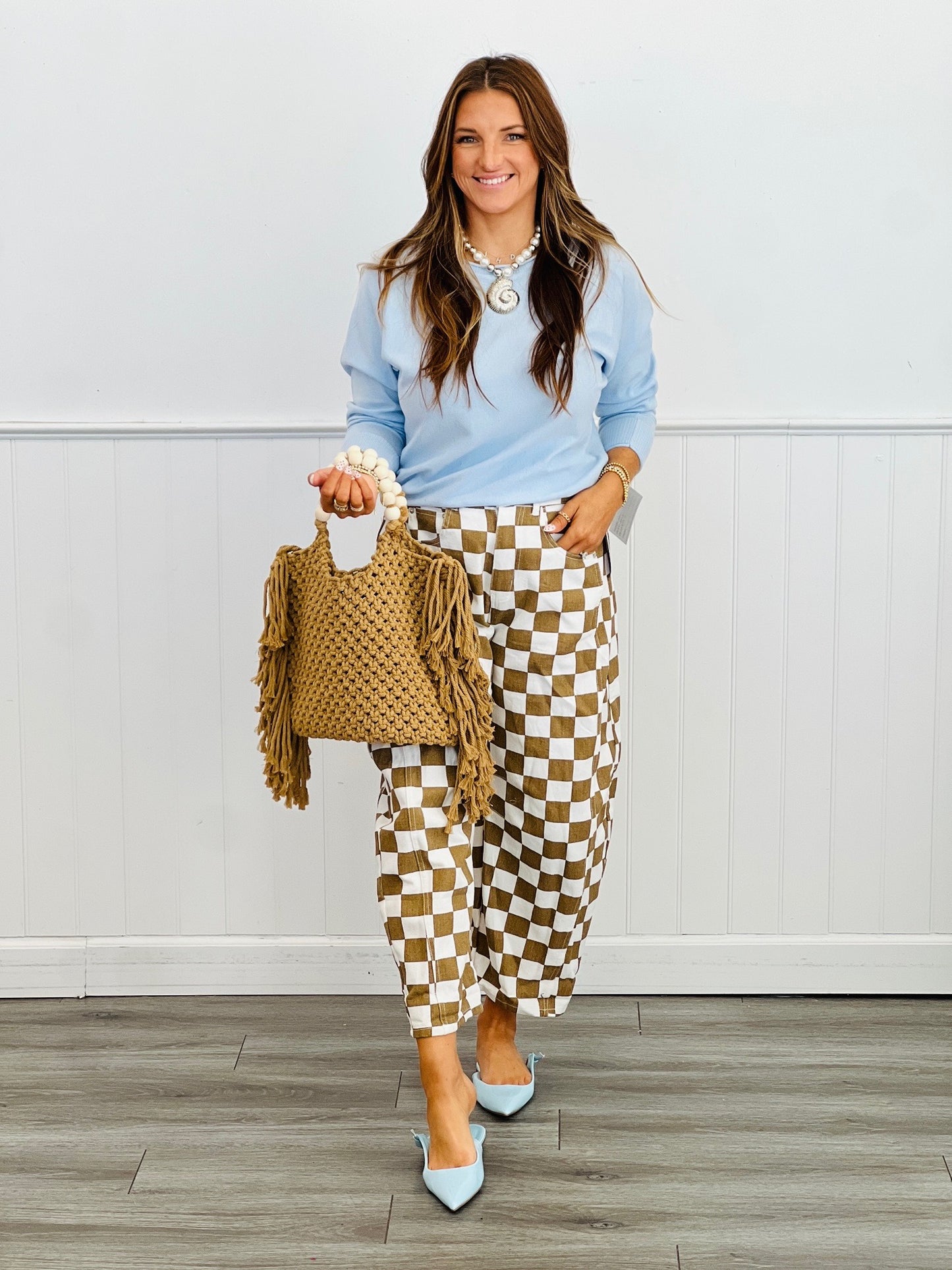 Mocha Checkered Print Denim Barrel Pants (Reg & Plus)