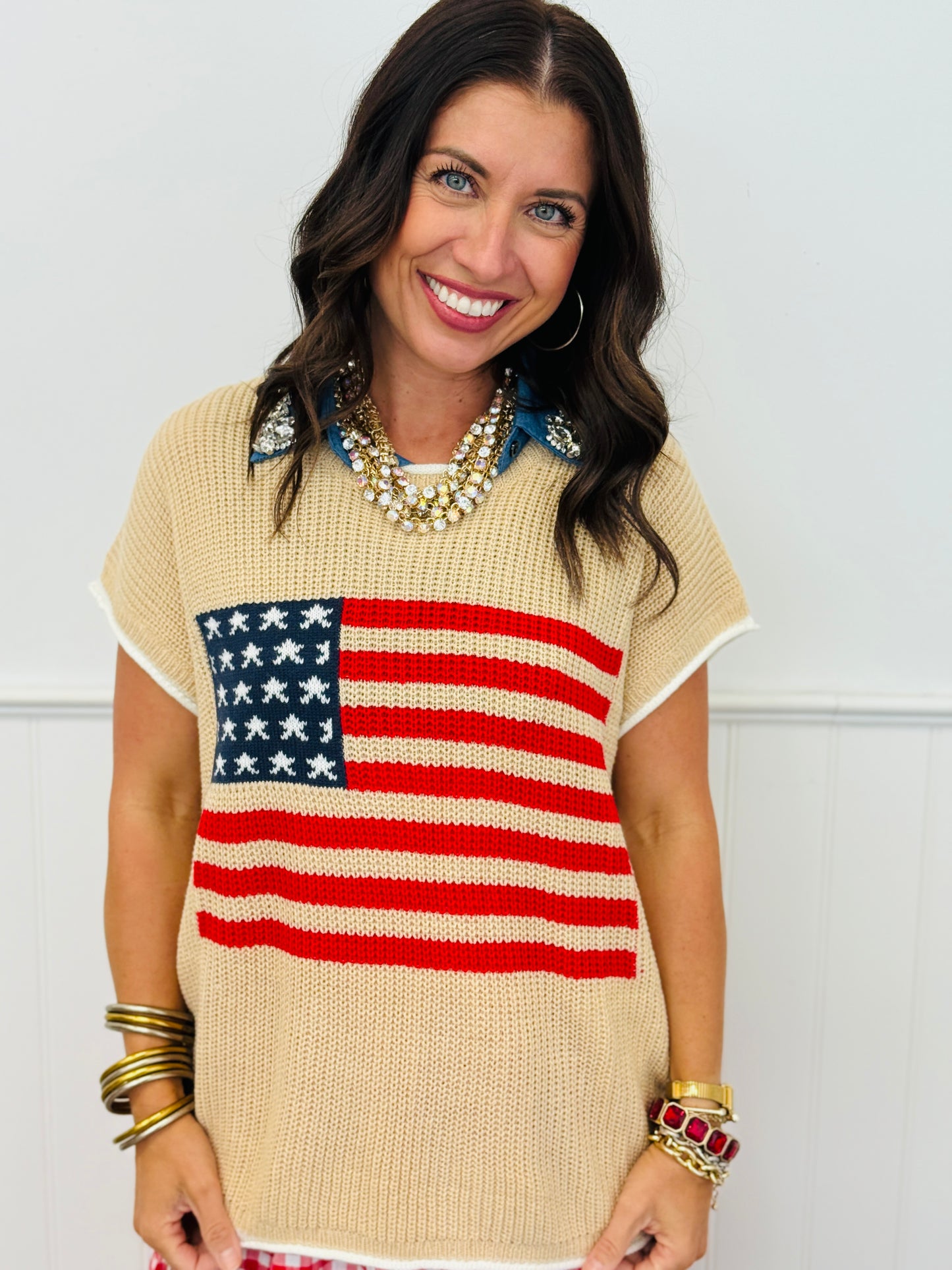Latte Heritage Flag Graphic Knit Top  (Reg.)