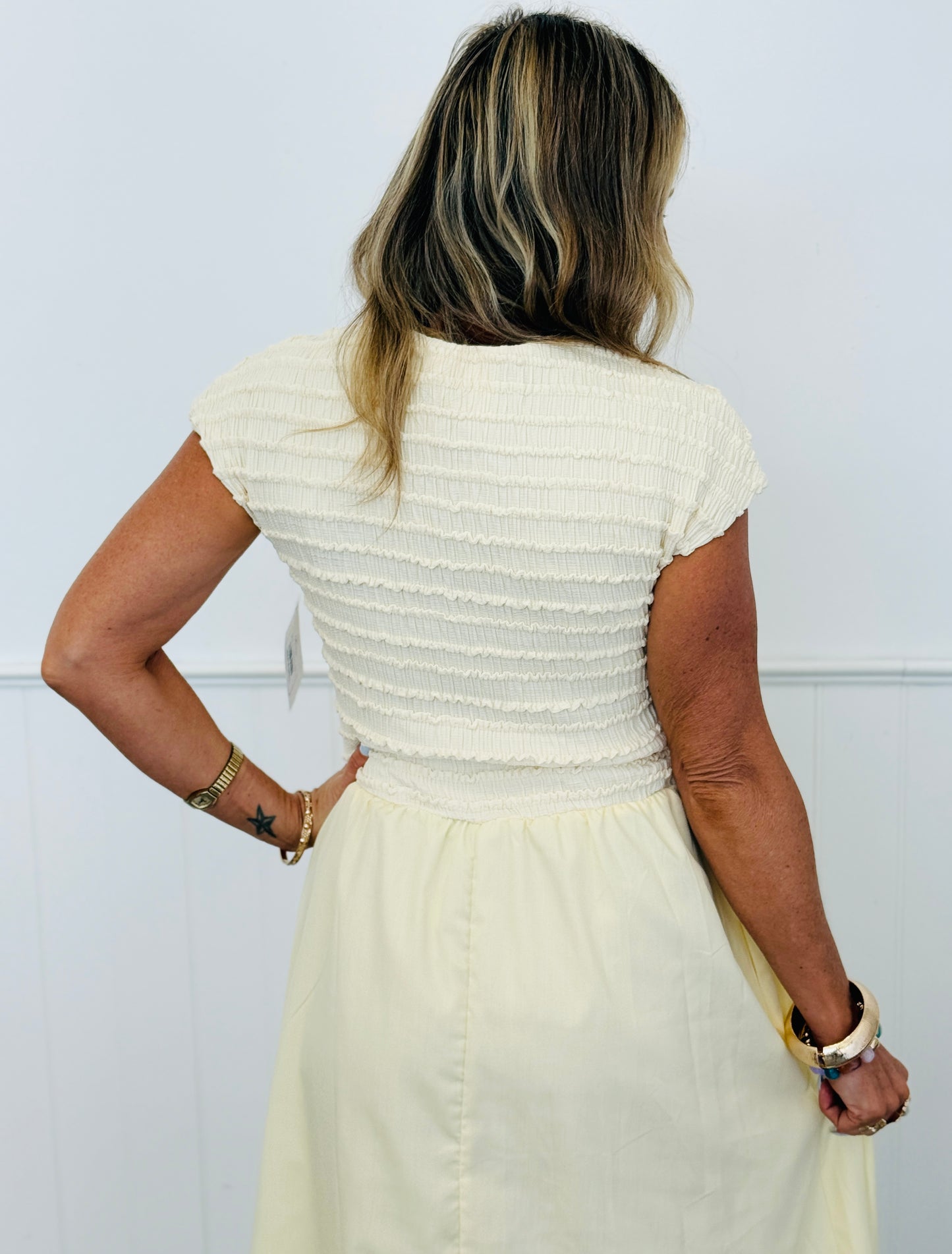 Pale Yellow Shirred Midi Dress (Reg & Plus)