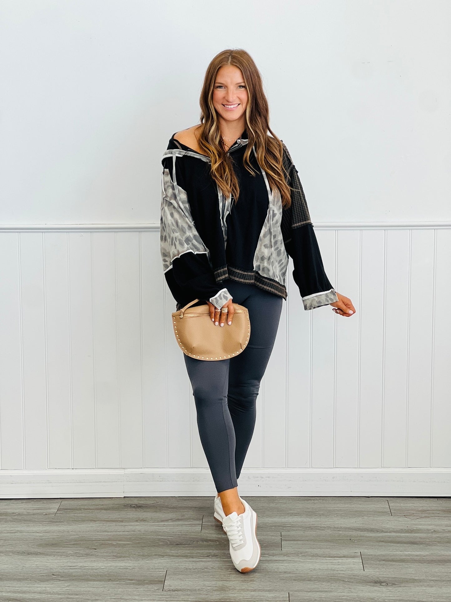 POL Black Contrast Print Zip Up Hoodie Top (Reg.)