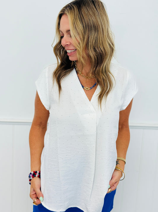 White Rhinestone V-Neck Cap Sleeve Blouse (Reg. & Plus)