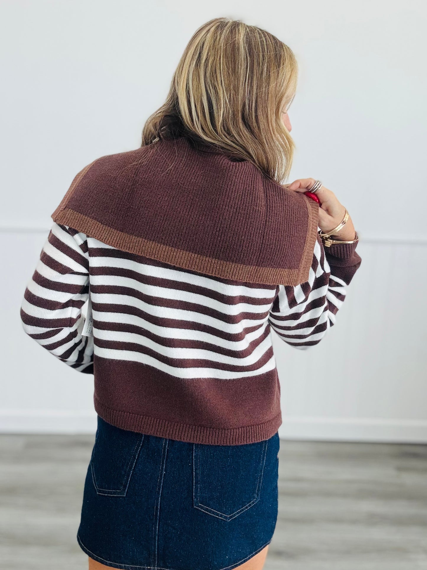 Striped Button Up Sailor Collar Sweater (Reg.)-2 Colors