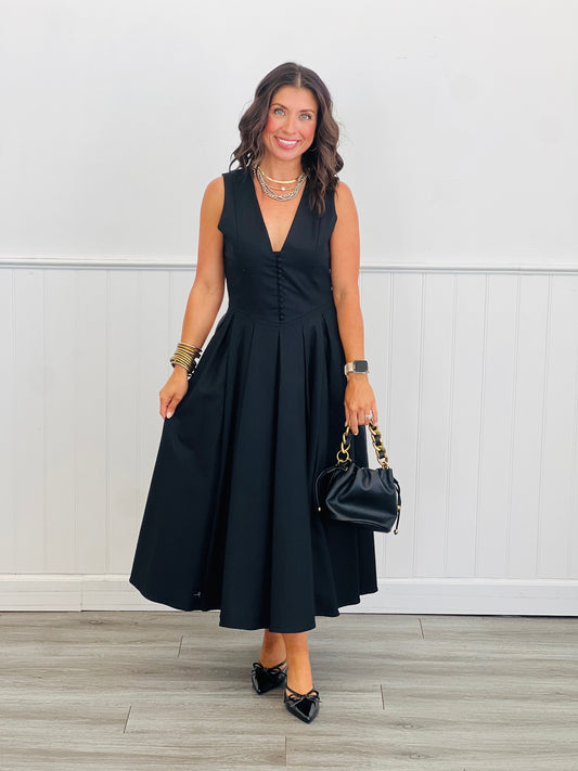 Black Sleeveless V-Neck Midi Dress (Reg.)