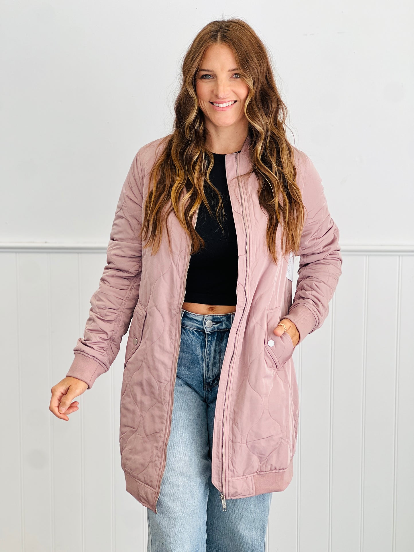 Dusty Rose Quilted Longline Bomber Jacket (Reg.)