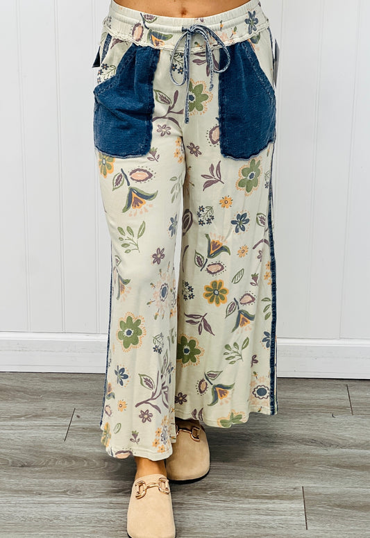 Ecru Mineral Washed Floral Print Pants (Reg & Plus)