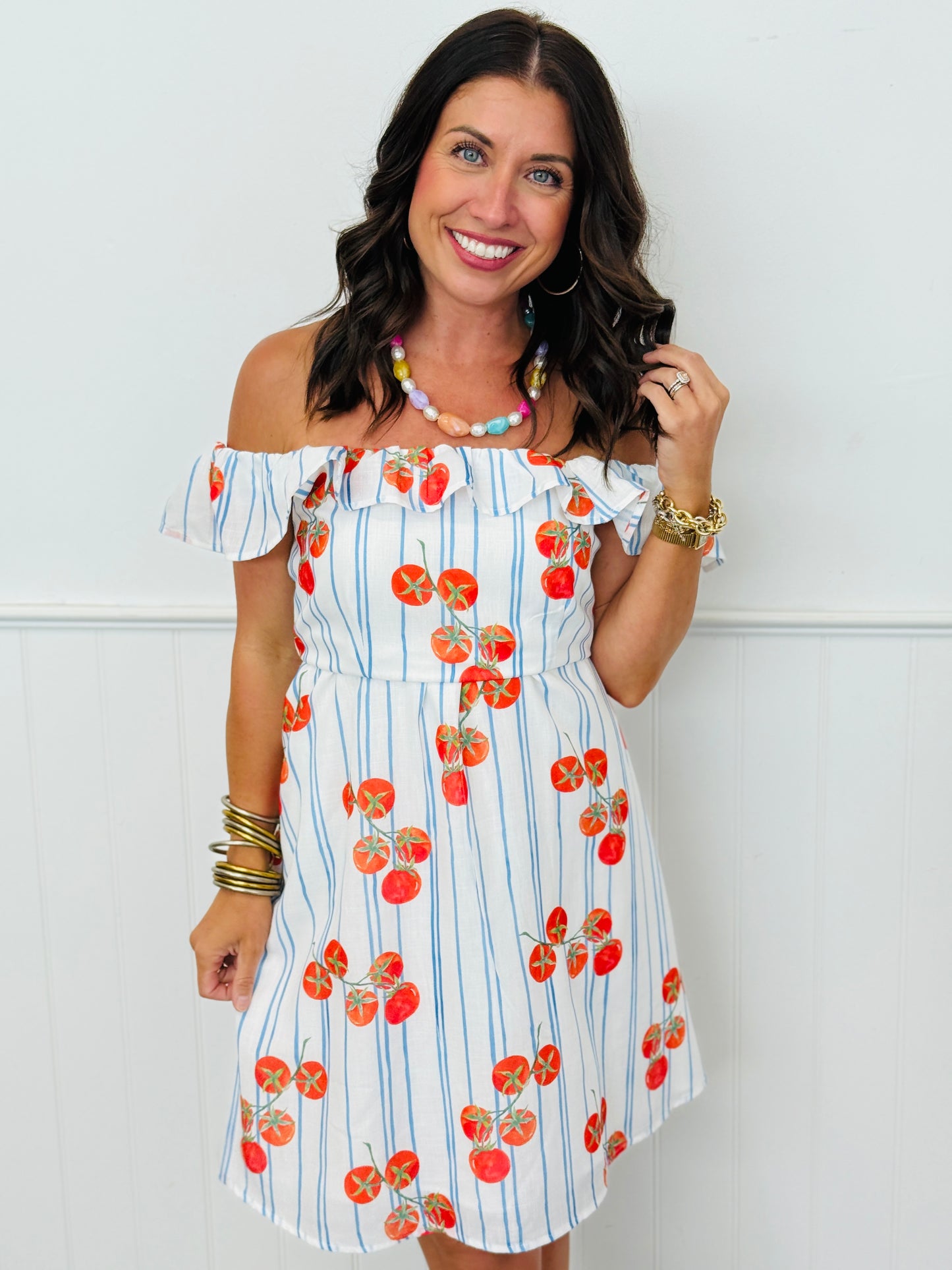Striped Tomato Print Mini Dress (Reg. and Plus)