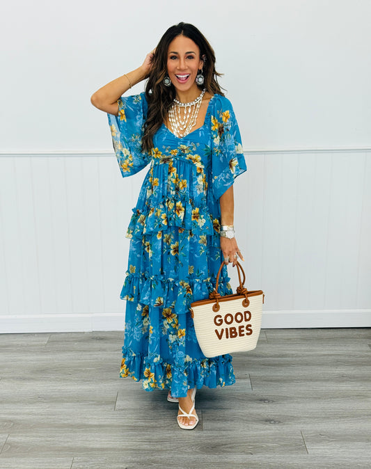 Jade Blue Floral Chiffon Maxi Dress (Reg & Plus)