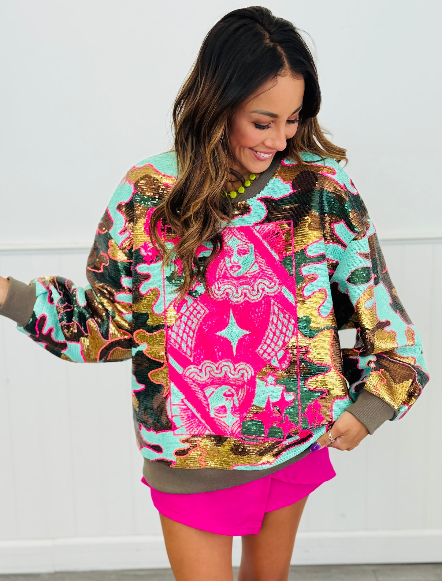 Queen Of Sparkles Mint Sequin Camo Card Logo Sweatshirt (Reg. and Plus)