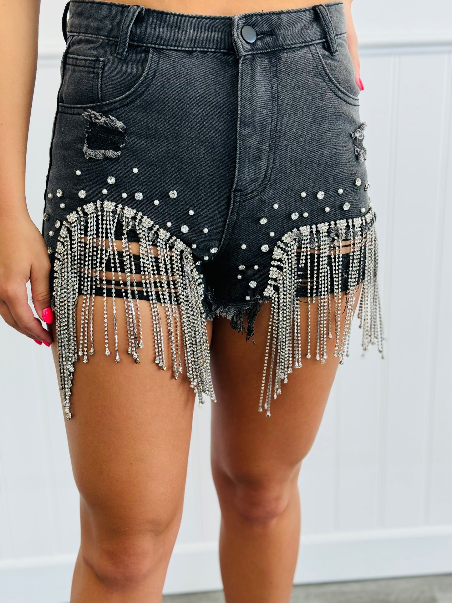 Distressed Rhinestone Fringe Shorts (Reg)