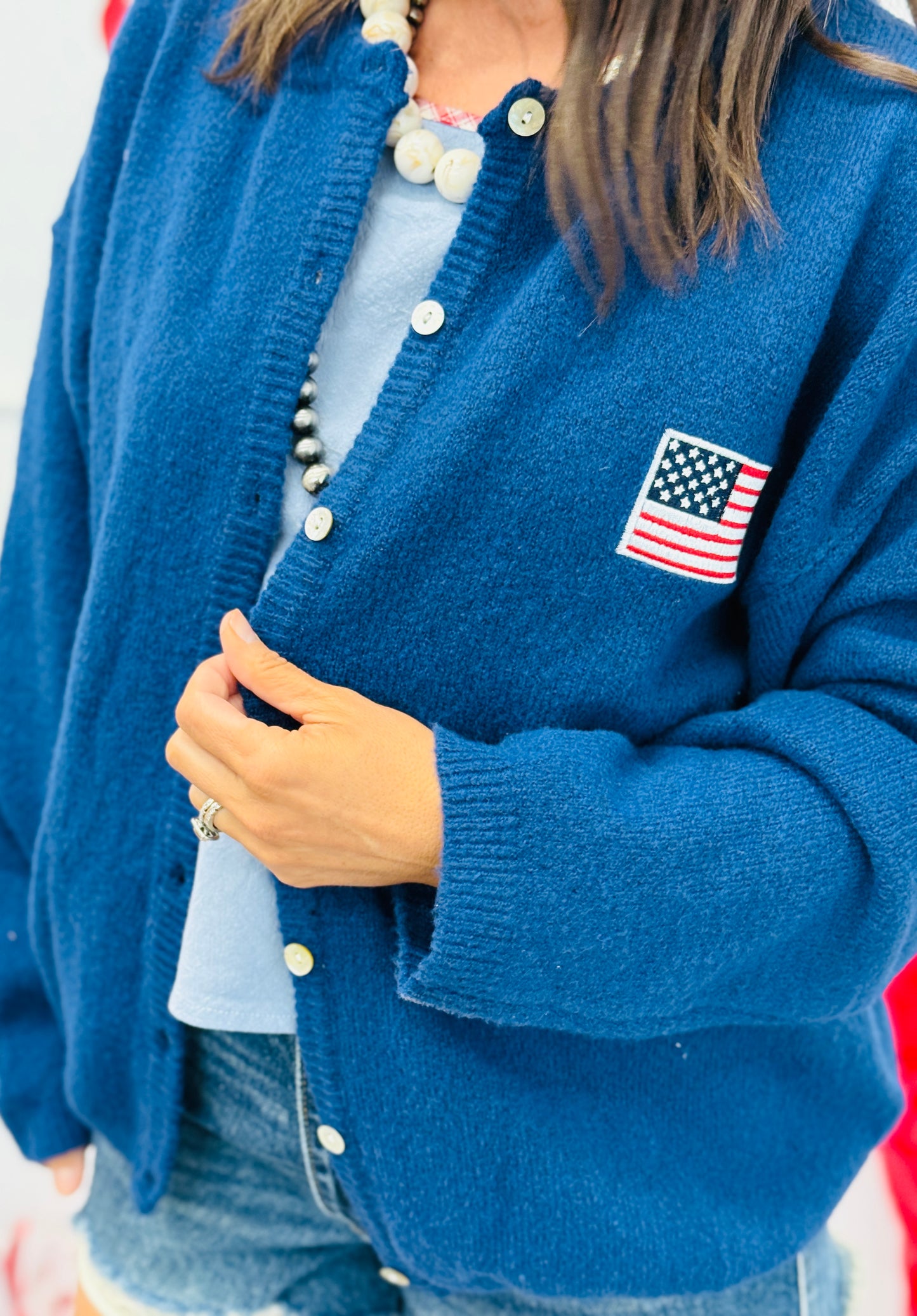 Navy Embroidered USA Flag Sweater Cardigan (Reg.)