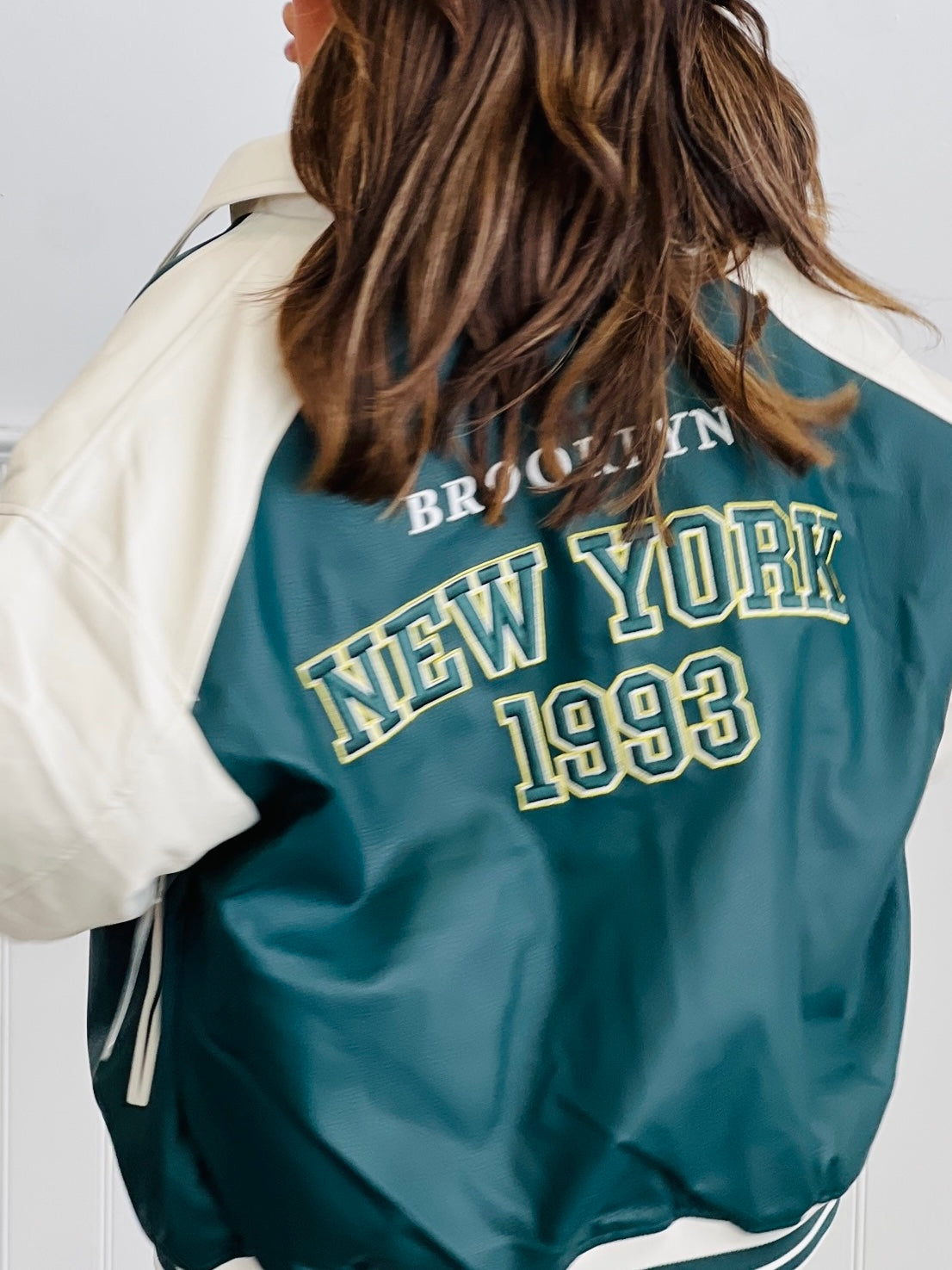 Hunter Green/Ivory Faux Leather Varsity Jacket (Reg.)