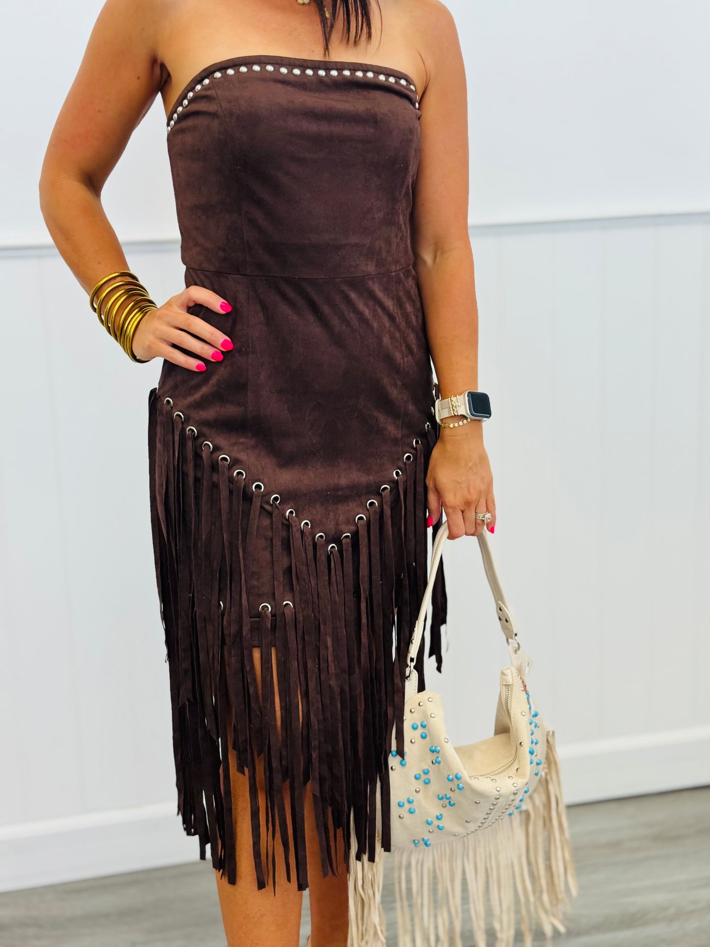Dark Brown Studded Suede Fringe Mini Dress (Reg.)