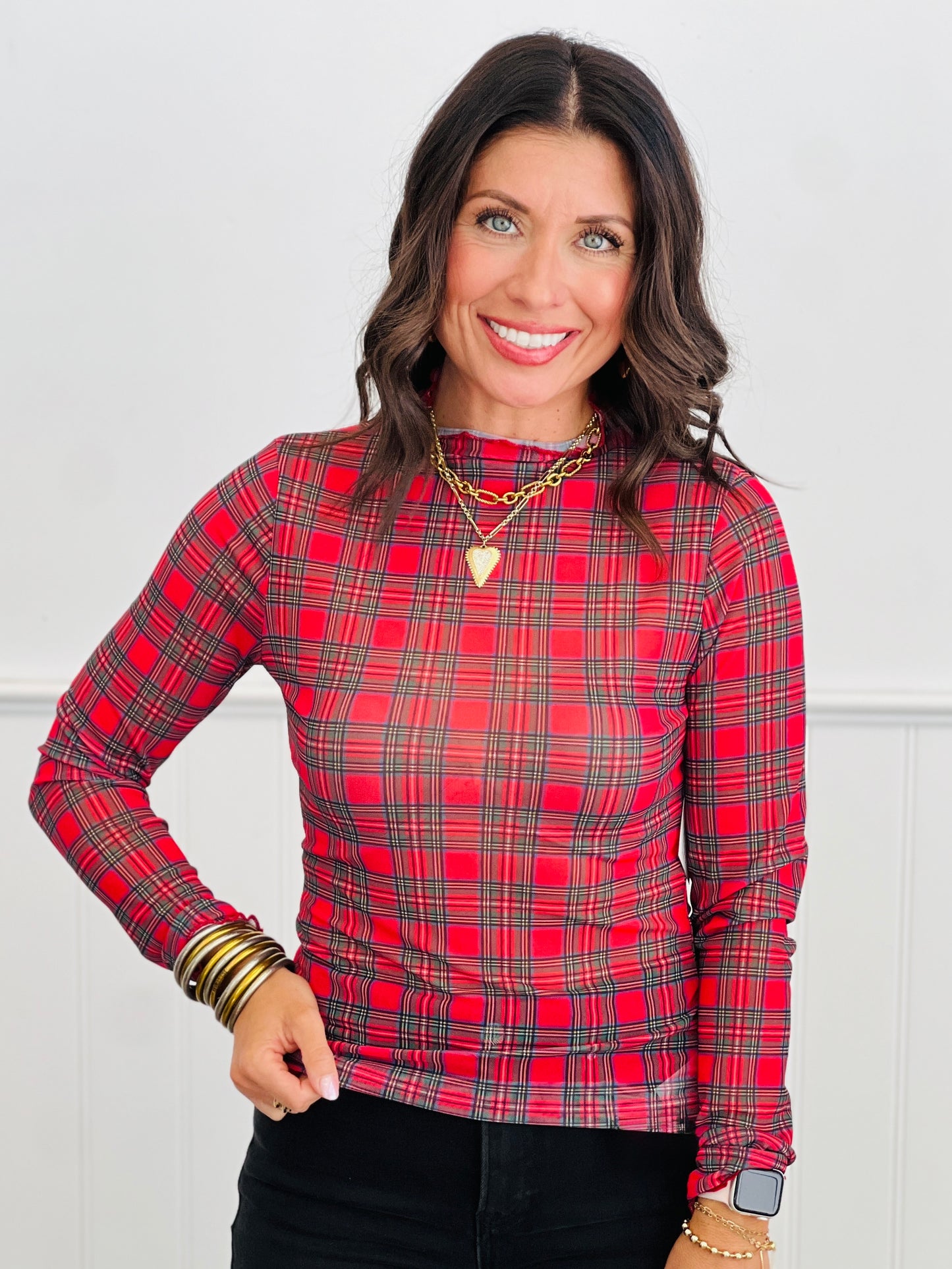 Red Plaid Long Sleeve Mesh Top (Reg. and Plus)