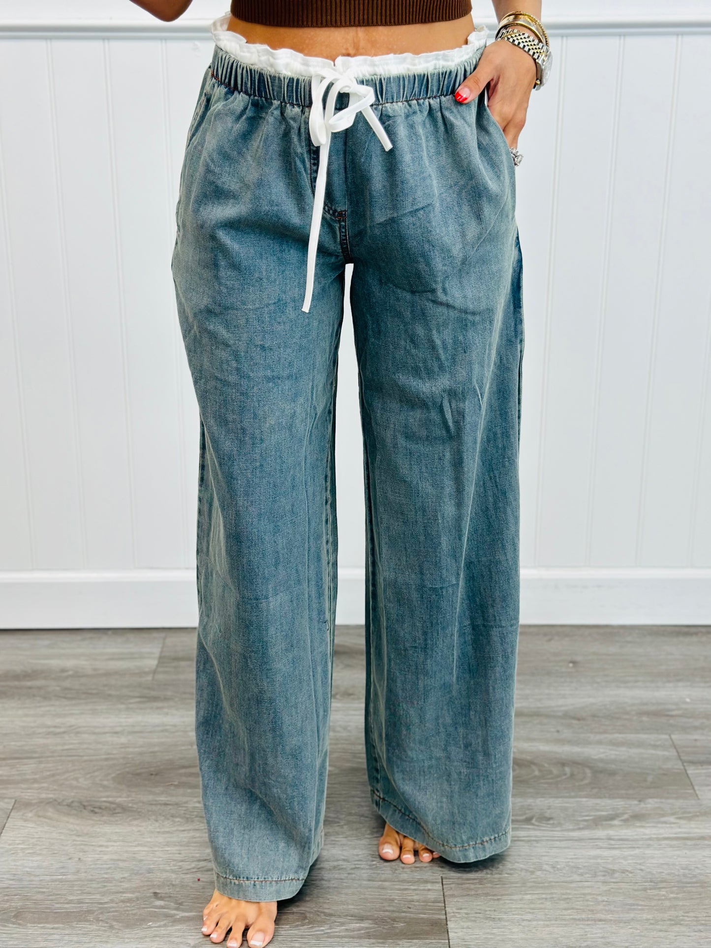 Washed Light Denim Wide Leg Pants (Reg)