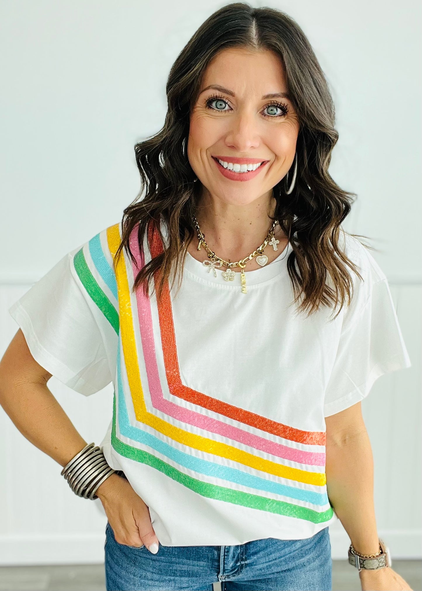 Queen Of Sparkles White Diagonal Rainbow Stripe Tee (Reg. & Plus)