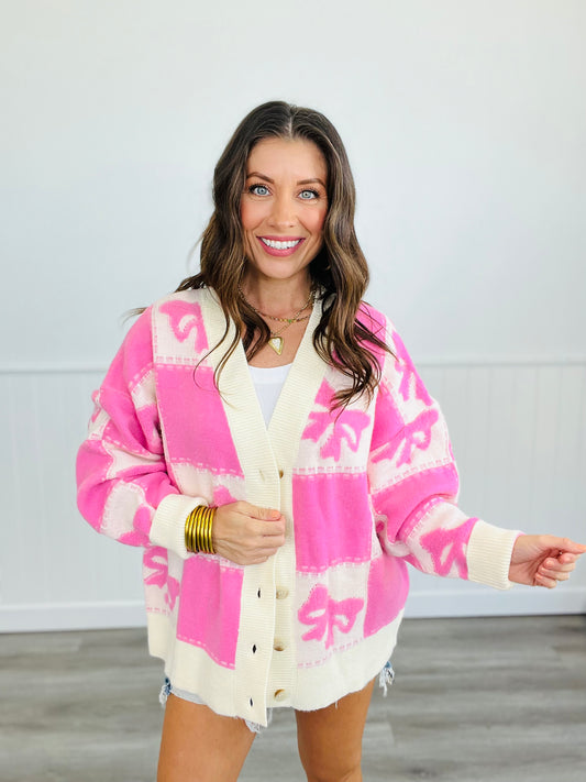 Pink/Ivory 3-D Bow & Squares Cardigan (Reg)